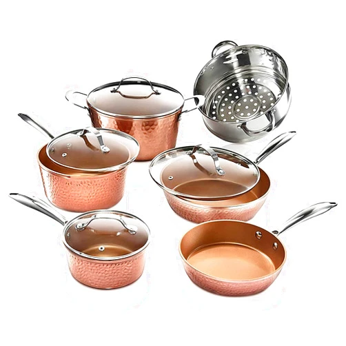 Gotham Steel Hammered Copper 10 Pc Pots and Pans Set Non Stick Cookware Set, Non Toxic Ceramic Cookware Set, Kitchen Cookware Sets with Induction Cookware, Pot and Pan Set, Oven/Dishwasher Safe