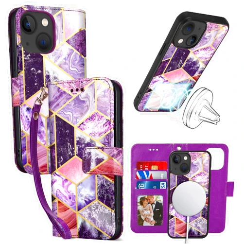 CASEOWL Compatible for iPhone 14 Wallet Case Magsafe 2-in-1 Magnetic Detachable Marble Pattern Flip Leather Wallet Case with Card Holder,Strap for Women Girls-Purple