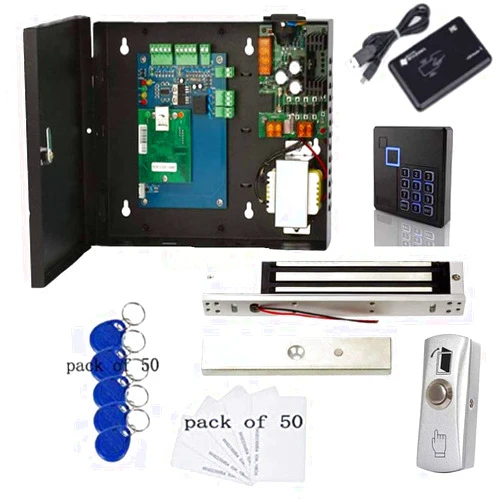 MENGQI-CONTROL TCP/IP One Door Card/Fob/PIN Code Access Control Track History Records Door Entry System Magnetic Lock Keypad Reader Metal Exit Button 110V Power Supply