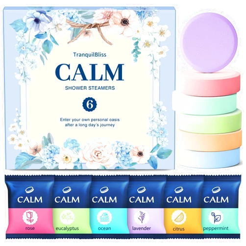 TranquilBliss Shower Steamers 6 Count, Shower Steamers with Natural Ingredients, 6 Different Scents & Individually Wrapped, Beauty Gifts for Women, Christmas and Birthday Gifts for Her, Mom, Friends