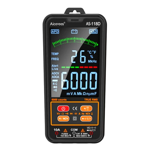 Aicevoos AS-118D Smart Digital Multimeter Auto-Ranging Voltmeter Electrical Tester Measures Voltage Current Capacitance Resistance Continuity Duty-Cycle Temperature Frequency(Black)