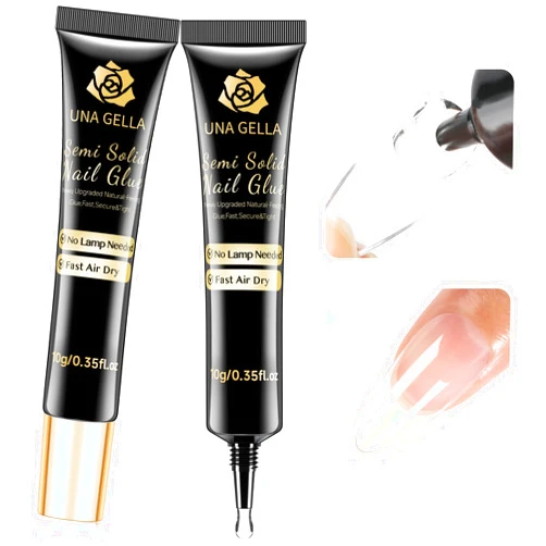 UNA GELLA No Lamp Need Solid Nail Glue for Press Ons: Nails Acrylic Nails Super Strong Semi Nail Glue Gel Fast Curing 10ml*2pcs Long Lasting Gel Glue Kit