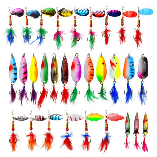 FUSIGO Rooster Bait Tails Spinner Fishing Lures Kit, 30pcs Hard Metal Spoon Lures with Treble Hooks Rooster Spinner Baits for Bass Walleye Trout Freshwater Saltwater
