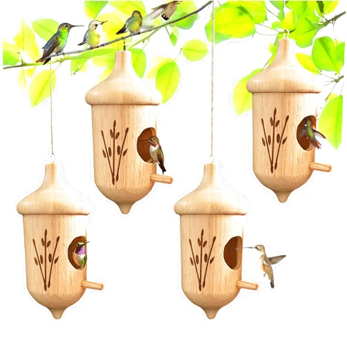 TIETHEKNOT 4pcs Hummingbird House 2023 New Wooden Bird House Pendant Bird House Bird nest Hummingbird Season Cute Oak Shape Bird House for Outside Hanging