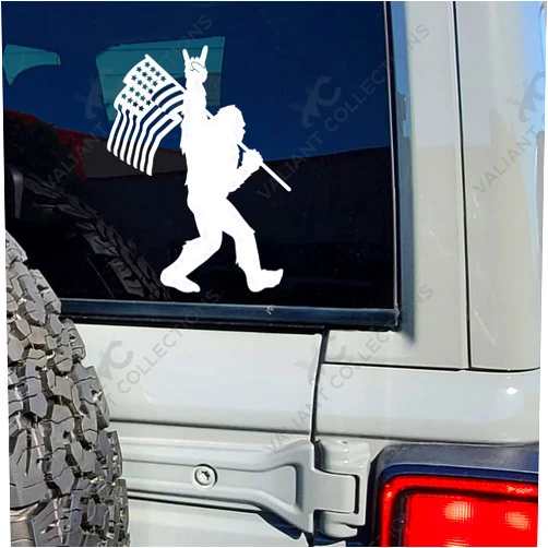 Valiant Collections – Big Foot Rock on American Flag Sticker–Vinyl Decal for Car and Van – Indoor & Outdoor use for Long Lasting – Waterproof Stickers for Waterbottle & Laptop–Removable Sticker–VC 406