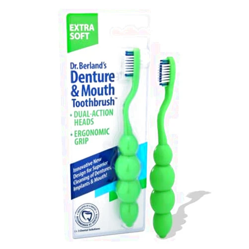 Dr. B Dental Solutions Ergonomic Denture Toothbrush Extra Soft Bristles, Removes Stains & Odor Precision Design for Implants & Overdentures Single Green Pack