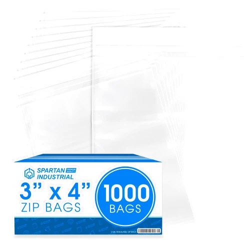 Spartan Industrial - 3” X 4” (1000 Count) 2 Mil Clear Reclosable Zip Plastic Poly Bags with Resealable Lock Seal Zipper