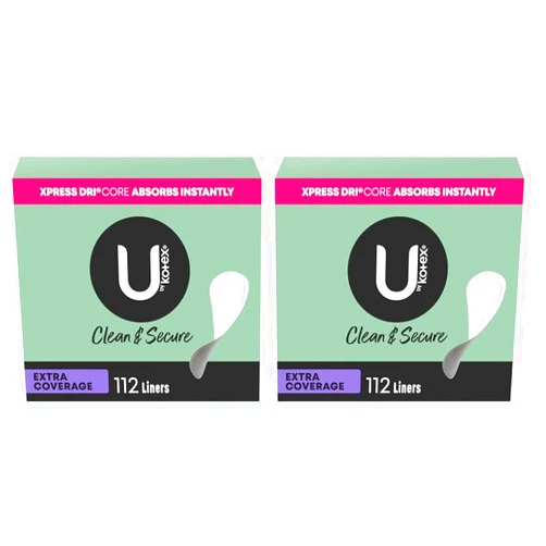 U by Kotex Clean & Secure Panty Liners, Light Absorbency, Extra Coverage, 112 Count (Packaging May Vary) (Pack of 2)