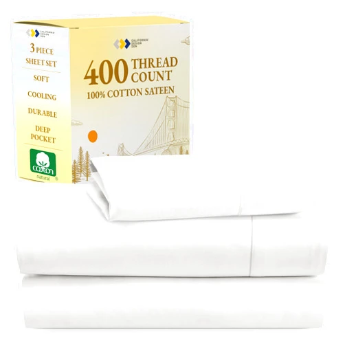 California Design Den 100% Cotton Twin XL Sheets Set, 400 Thread Count Sateen Bedding for Dorm Rooms & Adults, Deep Pocket, Cooling Sheets (Antique White)