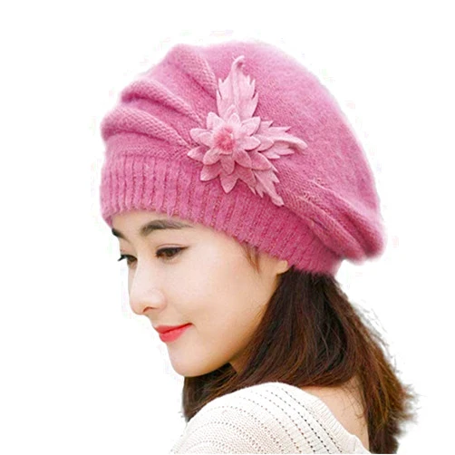 C.C-US Women's Winter Beret Hat Fleece Lined Soft Warm Beanie Cap with Flower Accent