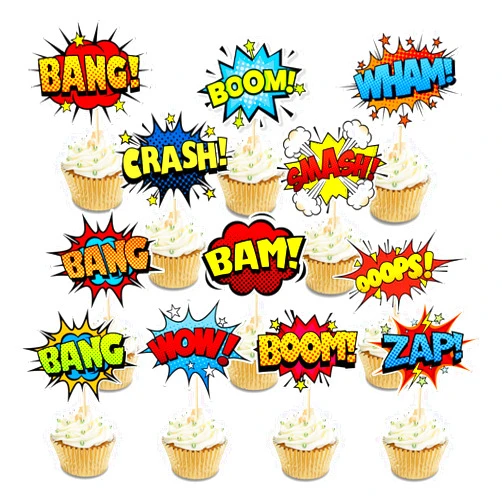 Sunny seat SuperHero Boom Cupcake Toppers 48 Pack Happy Birthday Cake Decor for kids Hero Theme Birthday Party Supplies Celebrating Party Events Baby Shower