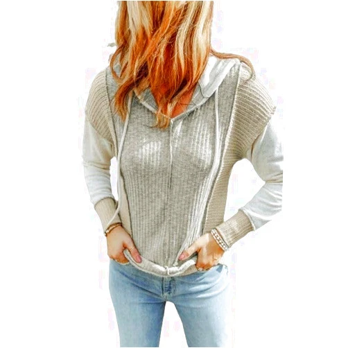 Threaded Pear Skylar Textured Knit Hoodie - Patchwork Hoodie With Long Sleeves For Women