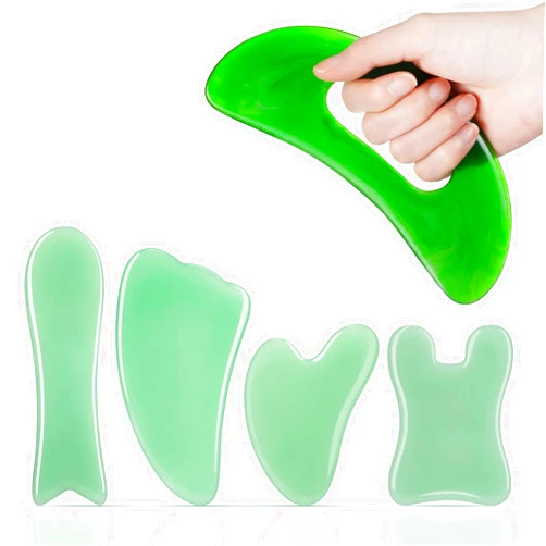 Treela 5 Pcs Gua Sha Facial Tools Set and 1 Pcs Body Gua Sha Massage Tool with Handle for Face Back Neck Leg Body Scraping Massage Board Guasha Comb(Jade, Resin,Green)