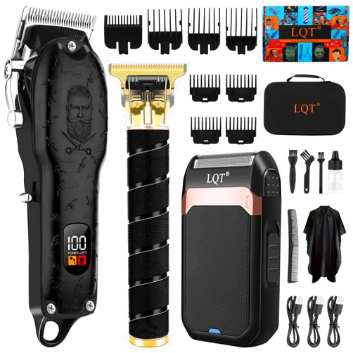 LQT Vintage Black Professional Hair Clippers for Men, Cordless T-Blade Beard & Mustache Trimmer Kit, LED Display, Rechargeable Electric Hair Cutting Machine for Home & Barber, Best Gift for Holidays