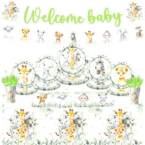 GREHUMOR 142pcs Safari Jungle Baby Shower Tableware Decorations for Boy,Green Safari Jungle Animal Theme Birthday Baby Shower Party Supplies Disposable Banner,Tablecloth,Plates,Napkins,Cups,Forks and Knives