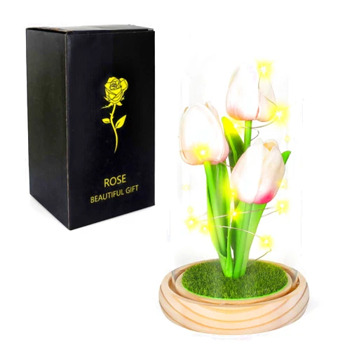 Whaline Forever Tulip Artificial Flowers Gift Pink White Tulip Floral Night Light Decoration Bedroom Table Lamp for Mother’s Day Valentine’s Day Women Girlfriend Birthday Gift
