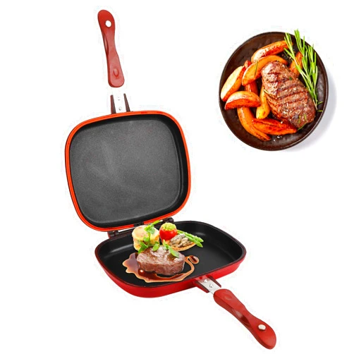 Jwthee Double Side Frying Pan, Pancake Pan Square Grill Pan Non Stick Cookware Omelette Trays with Double Sided Flip Design for Cooking, Red