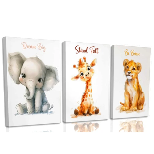 HLEOXPY 3 Pcs Safari Nursery Canvas Wall Art Kids Cute Inspirational Animal Lion Giraffe Elephant Painting Picture Wall Decor Poster Print Artwork for Baby Boys and Girls Room Home Decoration