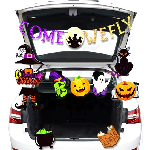 IPAIDUI Halloween Trunk or Treat Car Decorations Kit for SUV, Garage Door Arch Entrance Window Decor with Glitter Banner, Witch Hat, Cat, Pumpkin, Ghost, Halloween Theme Car Archway Garage Decoration