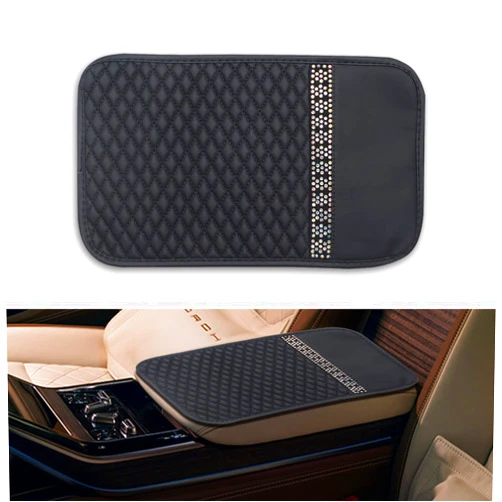 Ajxn 1 PC Car PU Leather Center Console Cover, Bling Center Armrest Protection Pad, with Glossy Crystal Rhinestone Handrail Box, for Most Vehicle, SUV, Truck (Black)