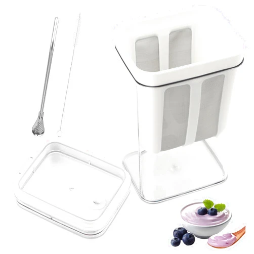 YOSINXU 1100ml Greek Yogurt Strainer with Straw Spoon & Brush, Multi Yoghurt Maker Strainer with Fine Mesh Bag & Lid Greek Yogurt Maler for Whey Separation,Fits Nut Milk,Juice,Kefir,Tofu