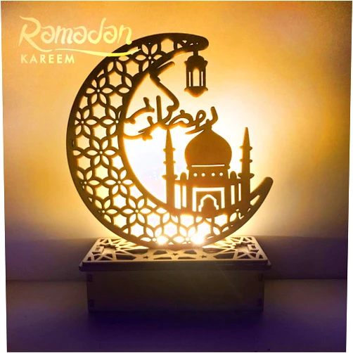 Buyiteme Wooden Eid Crafts Night Light Islamic Palace LED Moon Tabletop Lights Decor Eid Mubarak DIY Muslim Lighting 3D Ramadan Mubarak Lamp Decorations for Home Party Supplies (7.48*5.9*2.36inch, H)