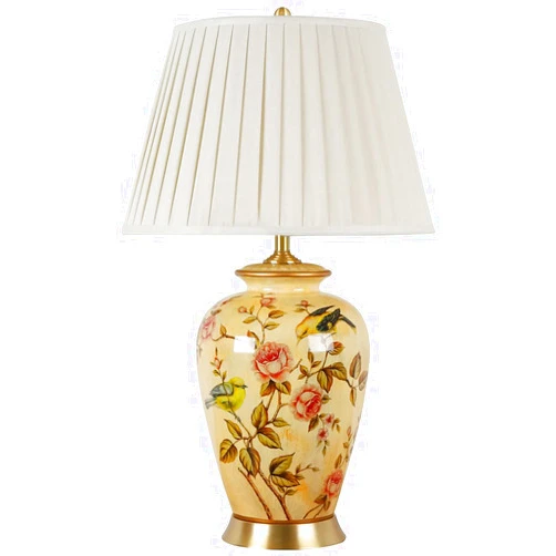 CEKUXPS American Flower and Bird Hand-Painted Ceramic Table lamp, Bedside lamp, Mid Century Modern Beige Fabric Lamp Shade with Yellow Ceramic Lamp Body for Living Room Bedroom Nightstand Home