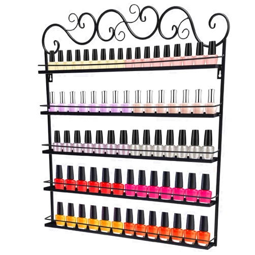 SHOUMANUAL Metal Nail Polish Racks, 5-Tier Wall Mounted Nail Polish Display Holder Organizer Rack for Home Salon Business Spa L26 X W2.2 (Black)