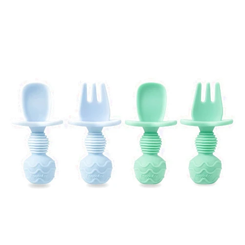 PandaEar 4 Pack Silicone Baby Spoons and Fork Feeding Set- Anti-Choke First Self Feeding Utensils for Baby Led Weaning Ages 3 Months (Cyan+Blue)