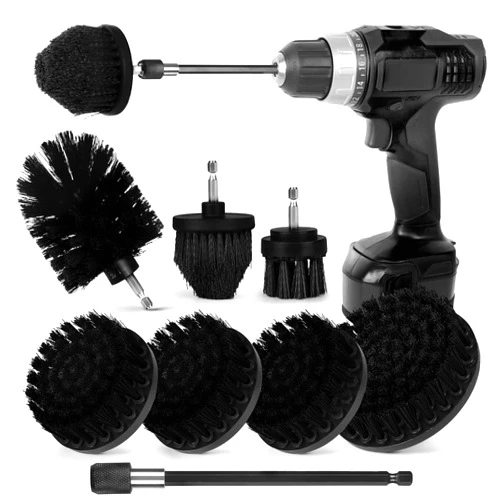 Tialero Drill Brush Attachment Set, 7 Pack 1/4in Power Scrubber Brush + Extend Long Attachment, Brush Drill Attachment, Power Cleaning Scrub Brush for Bathroom, Tub, Tile, Corner, Floor（Black）