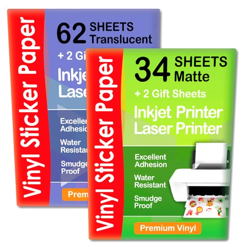 AgoDeo Premium Printable Vinyl Sticker Paper Matte for Inkjet Printer 34 sheets + Translucent Clear Sticker Paper for Inkjet Printer & Laser Printer 62 Sheets| by AGODEO