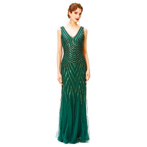 BABEYOND Women's Flapper Dress 1920s V-Neck Evening Gown Sequin Beaded Maxi Dress for Wedding Green Gold