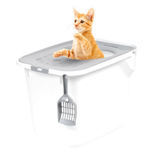 IRIS USA Cat Litter Box, Large Cat Box Enclosure, Top Entry with Litter Catching Lid, Enclosed with Scoop, White/Gray