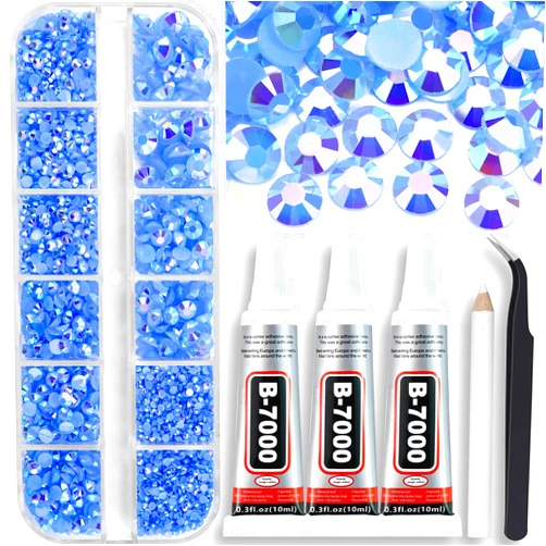 Towenm B7000 Clear Glue with 4000PCS Light Blue AB Rhinestones for Crafts Clothing Fabric Shoes, Glue Fix Sky Blue Flatback Gems for Nails Face Jewelry, Mixed 5 Sizes Diamond Gemstones Bejeweled Kit