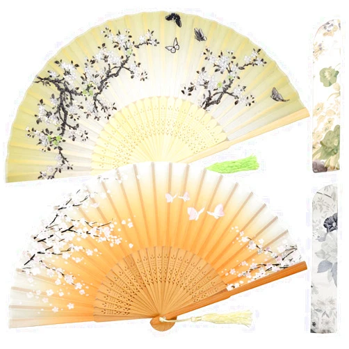 Leehome Small Folding Hand Fans for Women -Chinese Japanese 2pcs Vintage Bamboo Silk Fans - for Dance, Music Festival, Wedding, Party, Decorations,Gift. (Green Sakura Butterflies & Yellow Sakura)