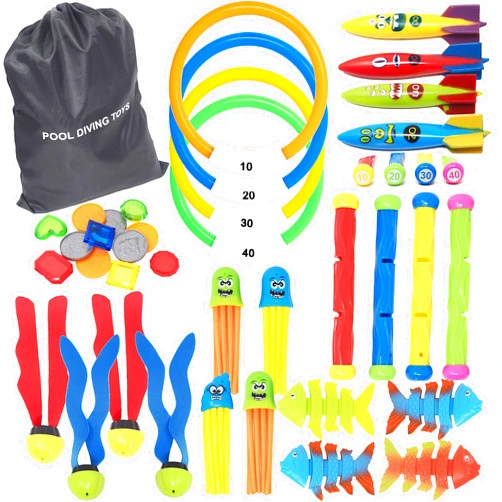 Kiddokids 36 PCs Diving Pool Toys Deluxe Set; Diving Sticks, Diving Rings, Toypedo Bandits, Pirate Coins & Treasures, Stringy Octopus, Fish Toys for Kids Swimming Training Game, Easter Basket Stuffer.