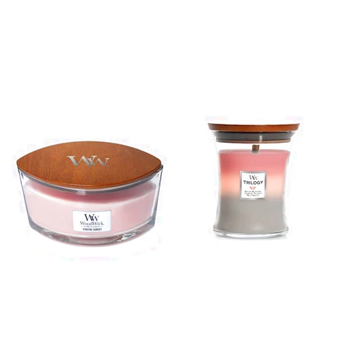 Woodwick Ellipse Scented Candle, Coastal Sunset, 16oz | Up to 50 Hours Burn Time & Shoreline Medium Hourglass Trilogy Candle, 9.7 oz.