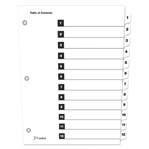 Office Realm Cardinal 61213 Traditional OneStep Index System, 12-Tab, 1-12, Letter, White, 12/Set