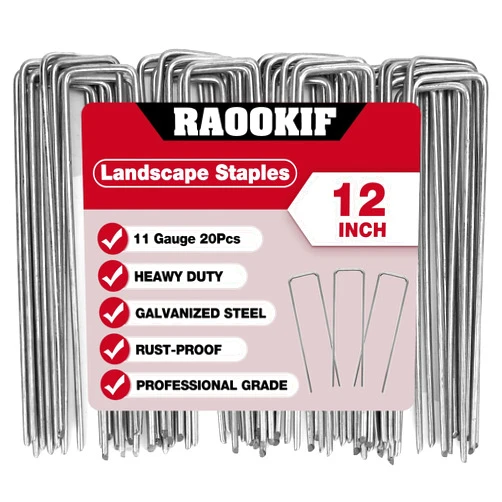 RAOOKIF 12 Inch Galvanized Garden Landscape Staples Stakes, 20/50/100/200Pcs Garden Metal Stakes, 11 Gauge Heavy Duty Ground Stakes for Decoration, Fence Stakes Lawn Stake, Fabric Pins (20, 12 Inch)