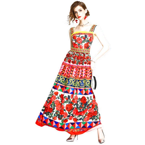 LAI MENG FIVE CATS Womens Square Neck Sleeveless Floral Print Casual A-line Beach Maxi Dress