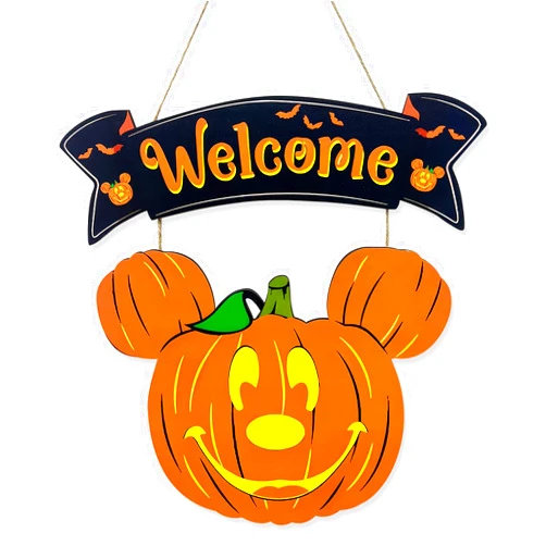 BKHEY Halloween Mouse Pumpkin Welcome Sign Decorations, Halloween Welcome Hanging Sign for Front Door, Halloween Wooden Pumpkin Door Hangers Wreath for Home Window Outdoor Wall Decor (Orange)