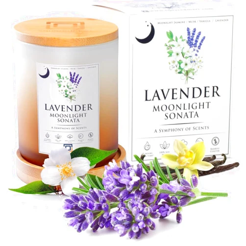 Squaredmart Natural Soy Candle - Lavender Moonlight Sonata, Lavender, Jasmine, Musk & Vanilla Scents, 55 Hour Burn, 100% Cotton Wick, Eco-Friendly Bamboo Coaster & Lid, Decor & Calming, Sandy Bliss