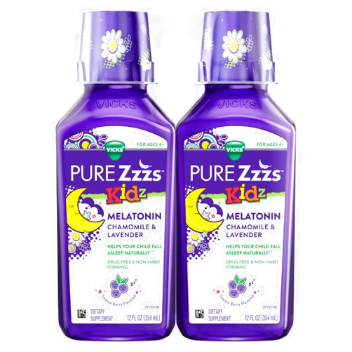 VICKS PURE Zzzs Kidz, Liquid Melatonin Sleep Aid for Kids and Children, Helps Your Child Fall Asleep Naturally, Low Dose Melatonin, Berry Flavored, 12oz x 2