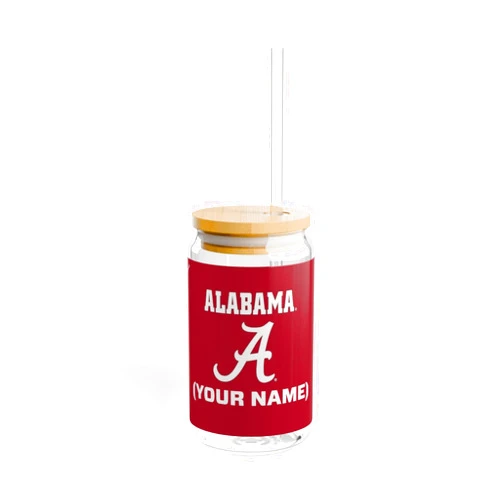 Sunkiss Unlimited Alabama Crimson Tide PERSONALIZED NAME (Choose Your Name) Sipper Glass w/Straw & Bamboo Lid - Fan Cup - Personalized - Customizable