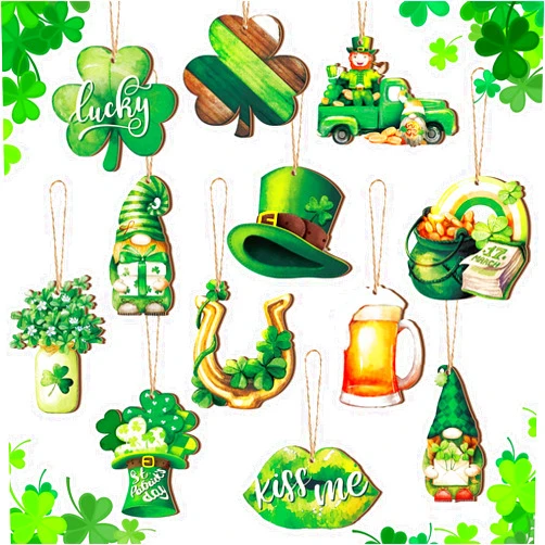 Anglechic 36 Pcs Vintage St. Patrick's Day Ornaments for Tree St. Patrick's Day Decorations Gnome Luck Wooden Hanging Decorations Irish Shamrock Ornaments for Home Party Supplies(Shamrock)