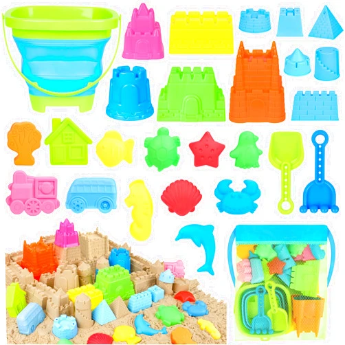 RACPNEL Collapsible Beach Toys Set for Kids Toddlers, Travel Sand Castle Toys for Beach with Mesh Bag & Sand Molds, Collapsible Sand Bucket and Shovel Set for Kids, Sandbox Toys for Toddlers Kids Age 3-12