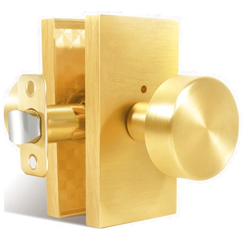 HIEMEY Privacy Gold Door Knob Interior, Satin Brass Door Knobs with Lock, Modern Round Door Handles for Bedroom Bathroom,Rectangle Rosette