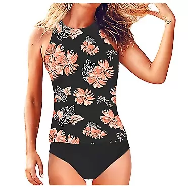 SNKSDGM Swimsuit Women Two Piece Ruffle Tankini Tops Tankini Bathing Suit with Boy Shorts Modest Athletic Swimwears Pkdhf-b2663-black-2 Small