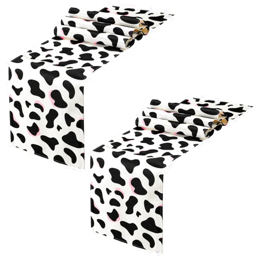 Kingdder 2 Pcs Linen Pink Cow Print Table Runner Black and White Cowhide Tablecloth Cow Print Table Cloths for Girl Boy Cow Farm Animal Baby Birthday Home Kitchen Table Decorations, 13 x 72 in