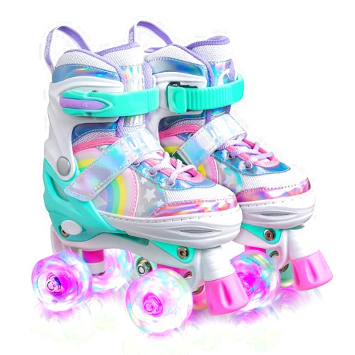 SULIFEEL Rainbow Unicorn 4 Size Adjustable Light up Roller Skates for Girls Boys for Kids